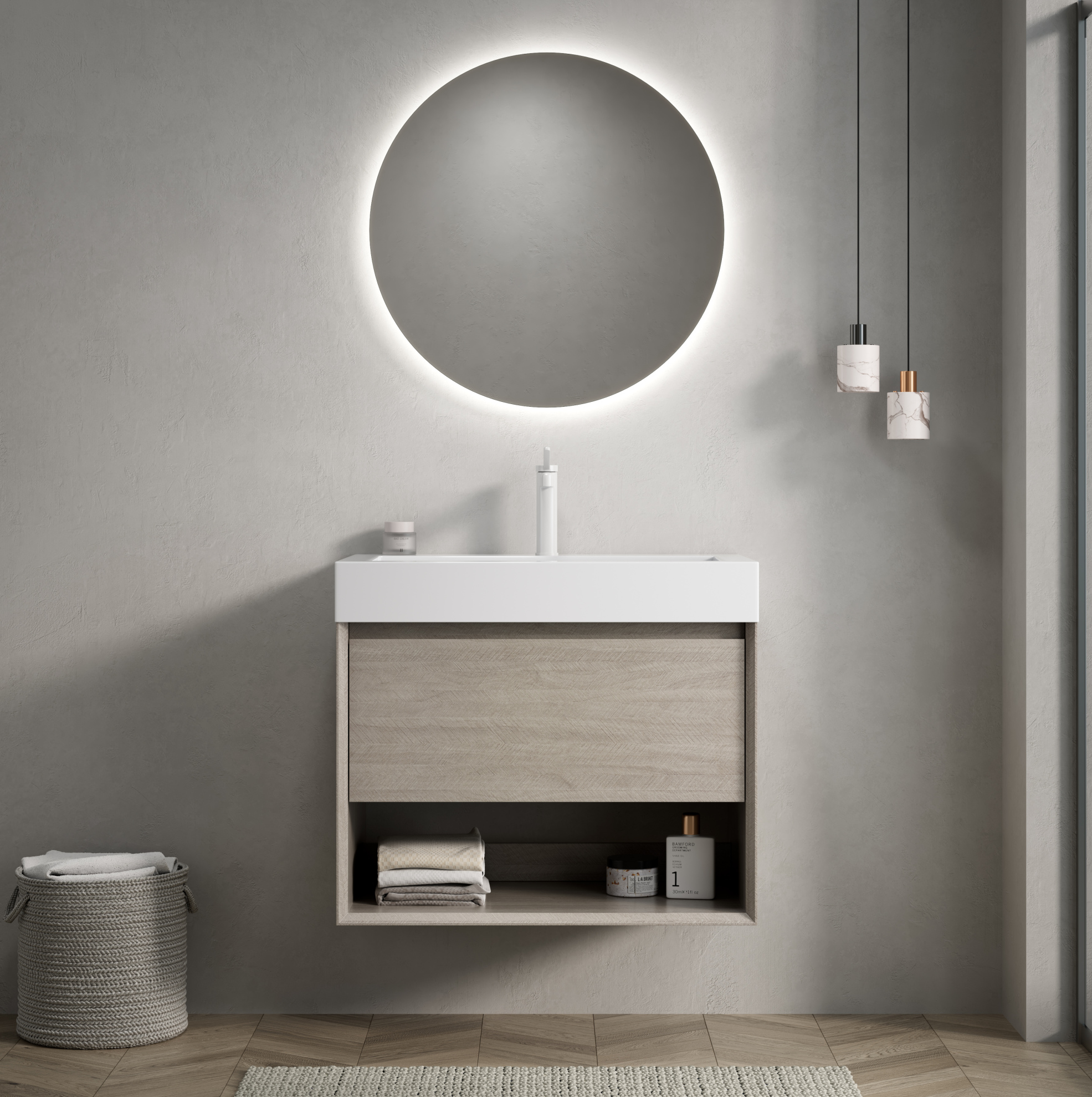Wand-badmöbel 70 Cm Mit Weißem Kunstharz-waschbecken Und Korpus In Heller Eiche