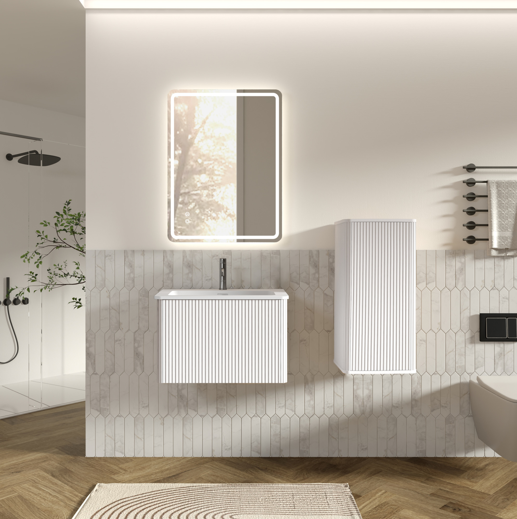 Weißes Badmöbel-set Mit Led-spiegel, Waschbecken Und 60-cm-hochschrank