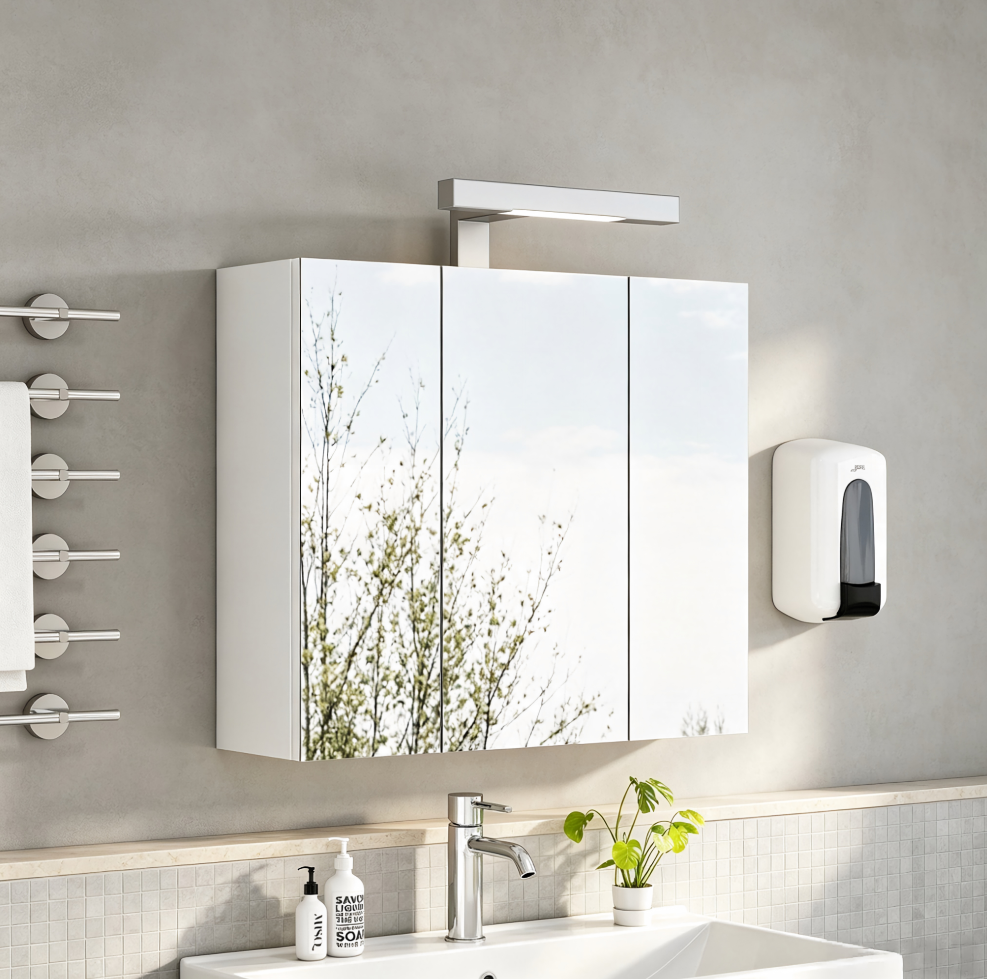 Weißer Bad-spiegelschrank Zur Wandmontage, 3 Türen, Led, Schuko-steckdose, 67x22x79 Cm