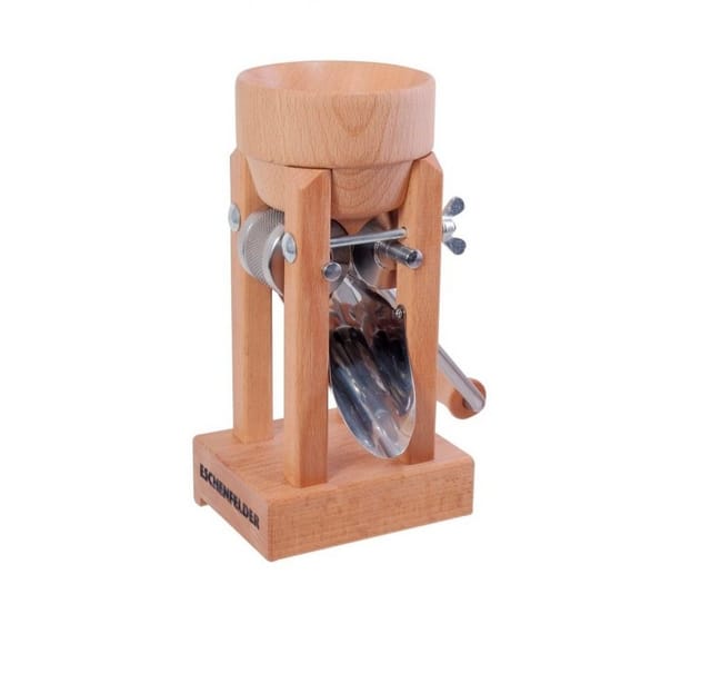 Eschenfelder Getreidemühle Kornquetsche Flockenquetsche Tischmodell Holztrichter abnehmbar Manuell, (3 Stück), Kurbel 20cm mit Tisch-Schraubzwinge und Reinigungsbürste gratis dazu