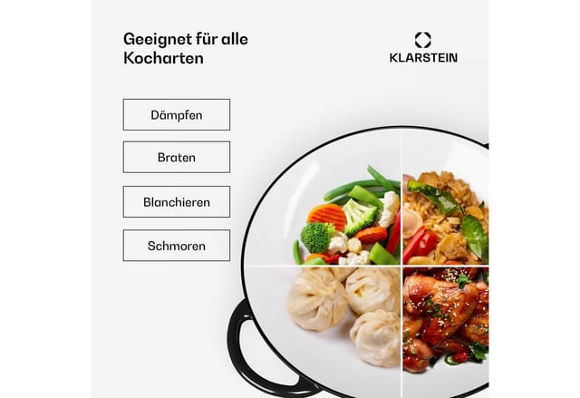 Klarstein Wok Jersey Black Cast Iron Enamel Wok, Gusseisen, Emaille und Edelstahl (Set, Wok 37 cm diameter), Wok Kochen ofenfest induktion Gas Elektro Gusseisen