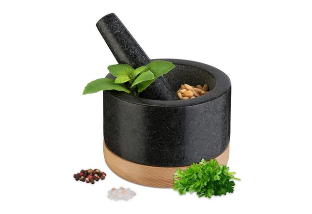 relaxdays Mörser mit Stößel und Holzuntersetz, (Set, 1-tlg., Mörser mit Stößel und Untersetzer)