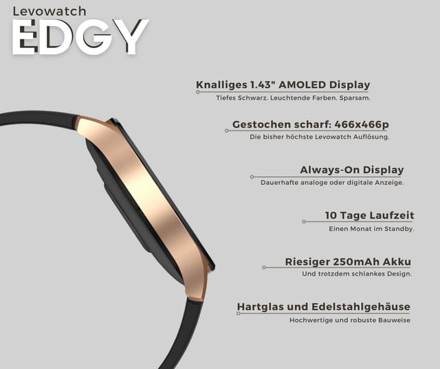 Levowatch EDGY Damen Smartwatch, AMOLED Always-On, KI Steuerung, Fitness Tracker Smartwatch (3,8 cm/1,43 Zoll, Android und iOS) inkl. Wechselarmband, 3 Armbänder, goldfarben, Edelstahlgehäuse, Telefonfunktion, Schlafüberwachung, Puls, Sprachsteuerung, wasserdicht, Blutdruck, Frauenmonitor, Anrufe, Musik, Markenqualität