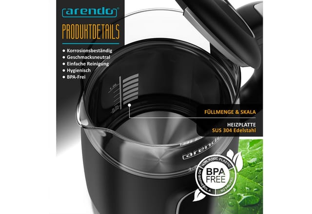 Arendo Wasserkocher Glas & Edelstahl, Temperatureinstellung 40°–100°C, Anzeige, Doppelwand, 1,7 l, 2200 W, Echtzeit‑Temperaturanzeige, 5°C‑Schritte, Warmhalten 120 min, BPA‑frei