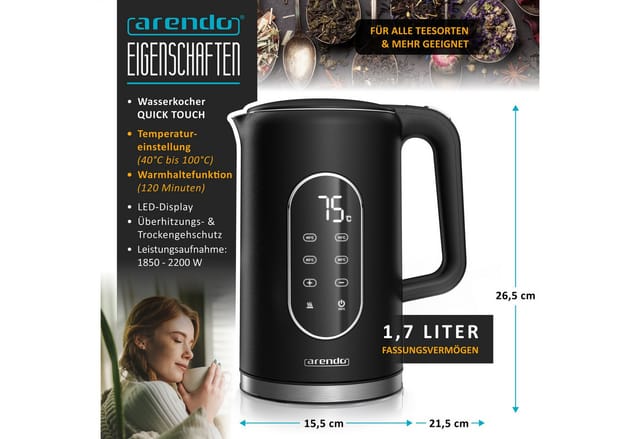 Arendo Wasserkocher aus Edelstahl, Temperatureinstellung 40°-100°C mit Anzeige, Teekocher, 1,7 l, 2200 W, 40‑100 °C in 5 °C‑Schritten, Doppelwand, 2 h Warmhalten, LED‑Display
