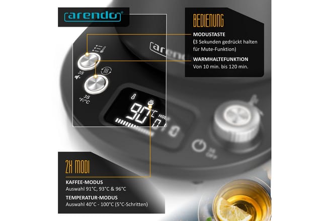 Arendo Wasserkocher aus Edelstahl, Temperatureinstellung 40°–100°C mit Basis & Anzeige, 1,0 l, 1100 W, Teekocher Temperaturanzeige, in 5 °C-Schritten einstellbar, Warmhalten