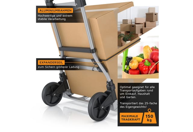 Brandson Sackkarre Transportkarre klappbar mit 150 kg Last Vollgummireifen & Expanderseil, (1-St), Aluminium, Anti-Rutsch-Kerben, Griff arretierbar 115 cm