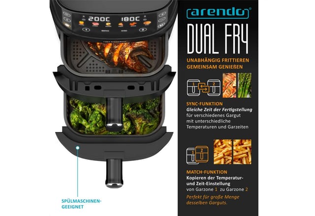 Arendo Heißluftfritteuse mit 2 Kammern Übereinander, Doppelkammer Airfryer 5L, Dual Zone, 2000 W, mit Zubehör, Umluft Backofen, Edelstahl, fettarmes gesundes Kochen