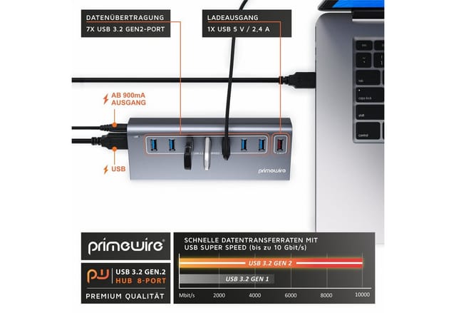 Primewire 8 Port USB Port Hub, 5 Gbit/s Aktiv Verteiler mit Netzteil, Alugehäuse USB-Adapter 1× USB Typ A Stecker zu 8 x USB 3.2 Gen1 Buchse - davon 1x USB Ladeport smart Charge, 7 x Datenports 1 x USB Ladeport, für PC, Notebook, Laptop, Tablet
