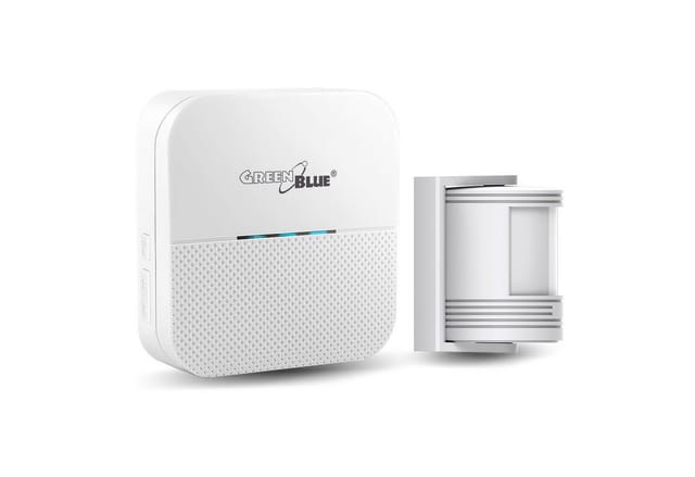 GreenBlue Infrarotsensor GB212 Funkklingel mit Bewegungsmelder PIR 52 Melodien, bis 120 m, Steckdosen-Empfänger, Alarmanlage für Haus & Geschäft