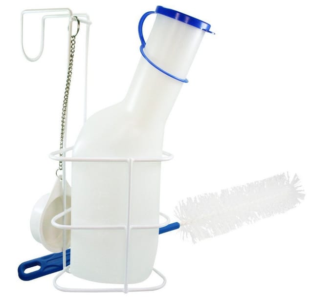 SANISMART Urin-Flasche Set aus Urinflasche + Halter + Reinigungsbürste, kunststoffbeschichtet