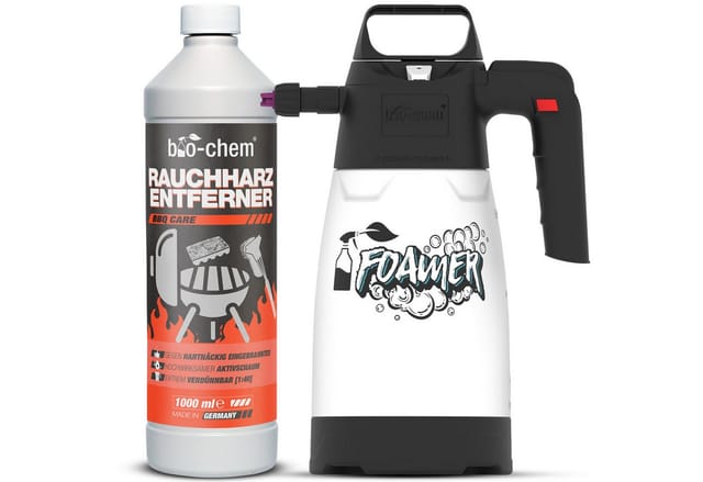 bio-chem Grillreiniger Rauchharzentferner extra stark gegen Eingebranntes 500ML Grillreiniger (Sparpaket, [- Rauchharz-Entferner 1 L + 1.25 l Schaumsprüher Extreme Fettlösekraft für hartnäckigste Ablagerungen)