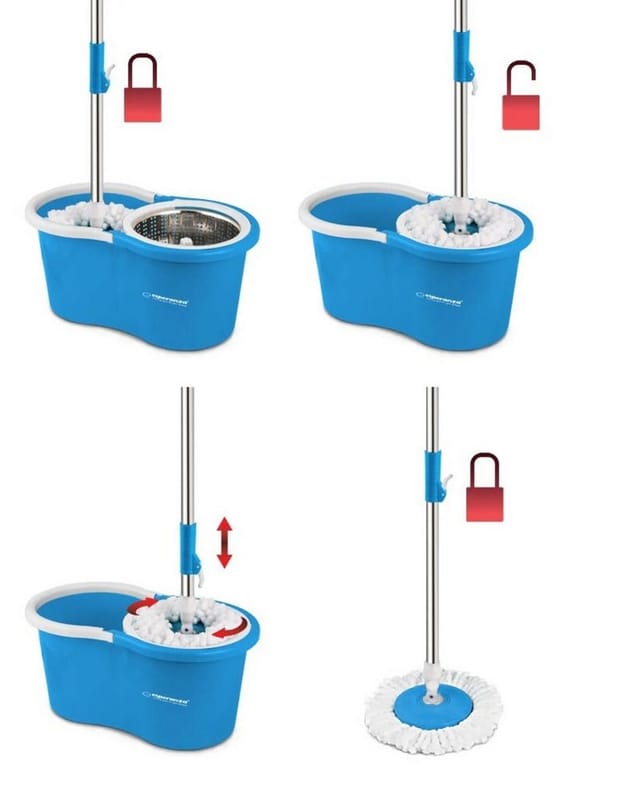 Esperanza Wischmopp Bodenwischer Wischmop Set Mopp Eimer 16cm Ø Teleskopstiel Mikrofaser, Schmutzwasserauslass unten &extra großer Eimer mit 360°-Drehung