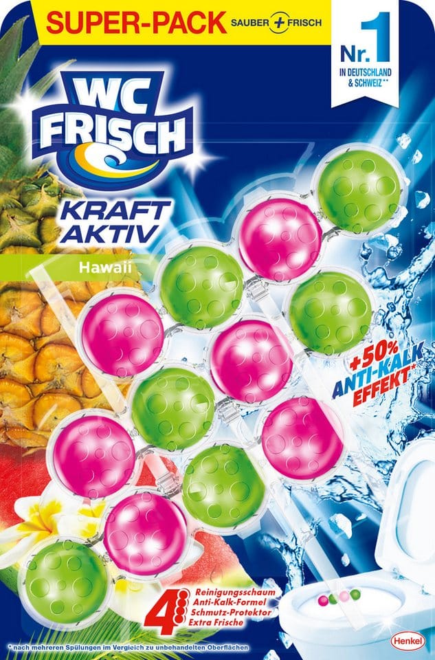 WC Frisch WC FRISCH Urlaubsträume Hawaii Kraft-Aktiv Duftstein WC-Reiniger (Super-Pack, [3-St. Duftsteine mit +50% Anti-Kalk-Effekt für langanhaltende Frische)