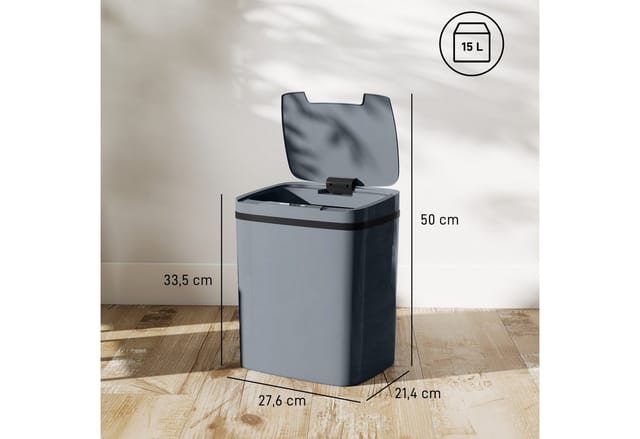HOMCOM Mülleimer 15 L, schlankes Design, automatisches & manuelles Öffnen, für Küche, Büro, Grau