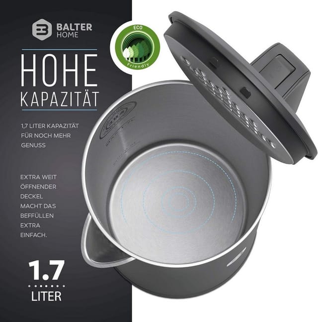 Balter Wasserkocher leistungsstarker Teekocher mit One-Touch Öffnung, 1.7 l, 2200,00 W, kabelloser Wasserkocher, BPA frei