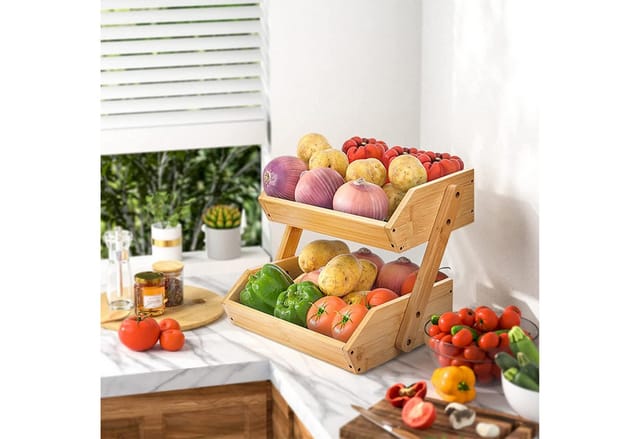 relaxdays Obstschale Obst Etagere Bambus 2 Etagen, Bambus