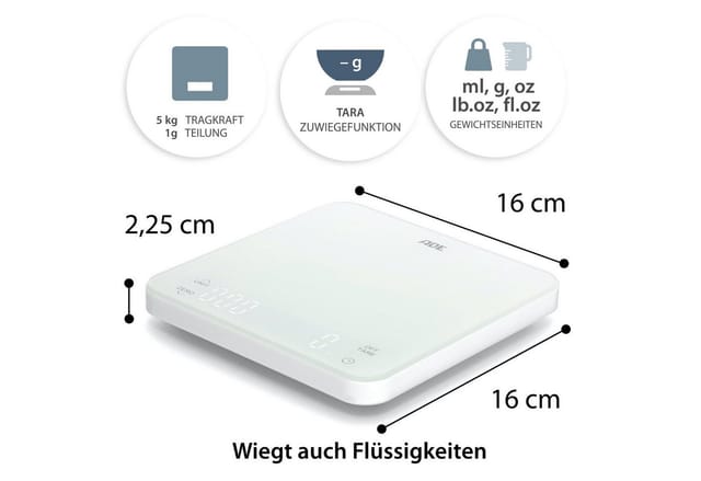 ADE Küchenwaage KE2100 Digitale Waage mit Akku (Aufladen per USB-Kabel), Aufladung per USB-Kabel, integriertem Timer, perfekt als Kaffeewaage