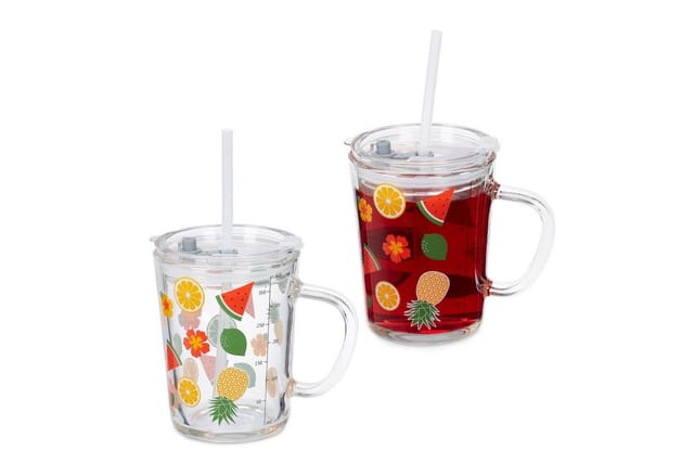 relaxdays Kinderbecher 2er Set Kindergläser mit Früchte-Motiv, Glas