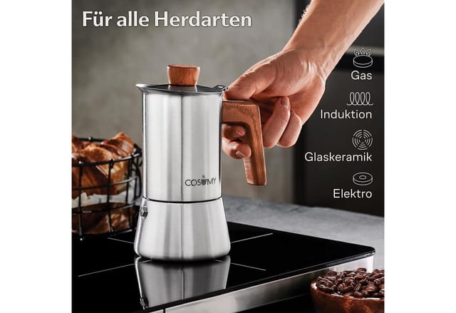Cosumy Espressokocher, Induktionsgeeignet, FSC-zertifiziertes Eichenholz