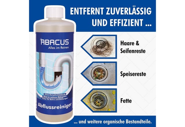 ABACUS Abflussreiniger, Rohrreiniger, Rohrfrei, Abflussfrei Badreiniger (Sicher für Rohre und Dichtungen, [- Wirkt sogar bei stehendem Wasser Löst hartnäckigste Verstopfungen)