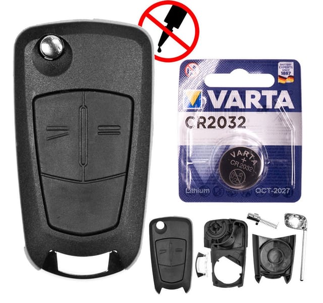 mt-key Auto Klapp Schlüssel Ersatz Gehäuse 2 Tasten + Rohling + VARTA CR2032 Knopfzelle, CR2032 (3 V), für OPEL CORSA D TIGRA B ASTRA H ZAFIRA B Funk Fernbedienung