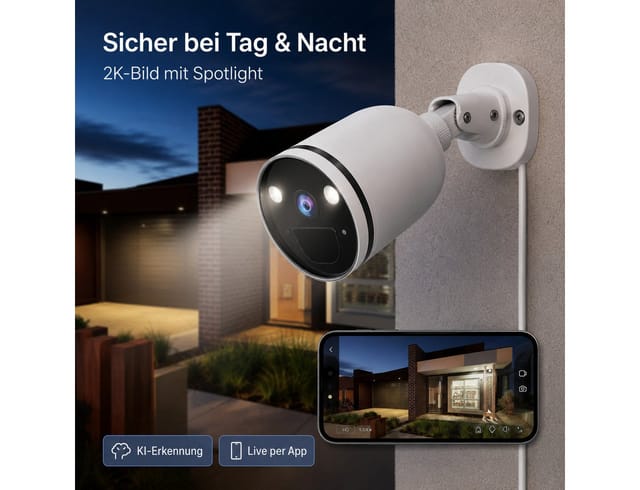 Winees Überwachungskamera (Außenbereich, Intelligente Erkennung, Nachtsicht und Einfache Installation, 1-tlg., 2.4/5GHz 4MP 2K WLAN, mit Spotlight)