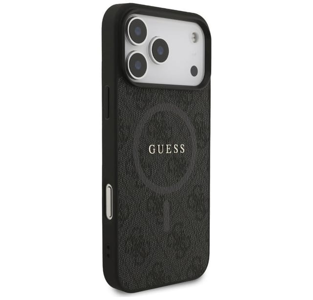 Guess Handyhülle MagSafe iPhone 17 Pro Max Kunstleder grau Logo Metall goldfarben 6,9 Zoll, Kantenschutz