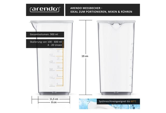 Arendo Messbecher mit Deckel, 600ml, 20 Unzen, Klarsichtbecher, Mixbecher aus Kunststoff, Kunststoff, (2-St), ideal für elektrische Handmixer, Stabmixer & Handrührer