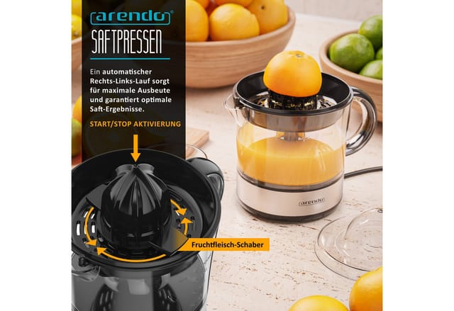 Arendo Entsafter Automatische Zitruspresse, 2 Presskegel, BPA-frei, zwei Drehrichtungen, 40 W, 700ml Behälter, anpassbare Siebgröße, Aromadeckel, spülmaschinenfest