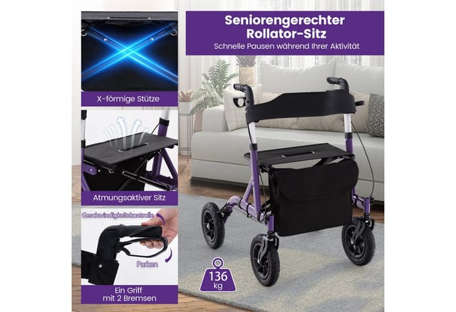 COSTWAY Rollator, 6-fach verstellbar Griff mit Handbremse bis 136kg faltbar