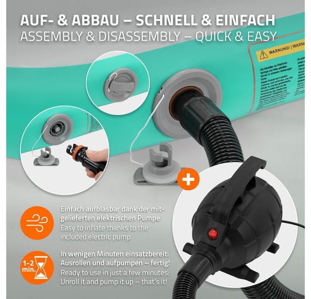 ECD Germany Sportmatte Aufblasbare Gymnastikmatte Airtrack Turnmatte Fitness Tumbling Matte, Yogamatte 3m Mint-Grün H:10cm inkl. Tragetasche Luftpumpe Flick-Set