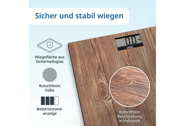 ADE Personenwaage digital, Körperwaage in gemütlicher Holzoptik, rutschhemmende Wiegefläche aus Sicherheitsglas, LCD-Display, bis 180kg