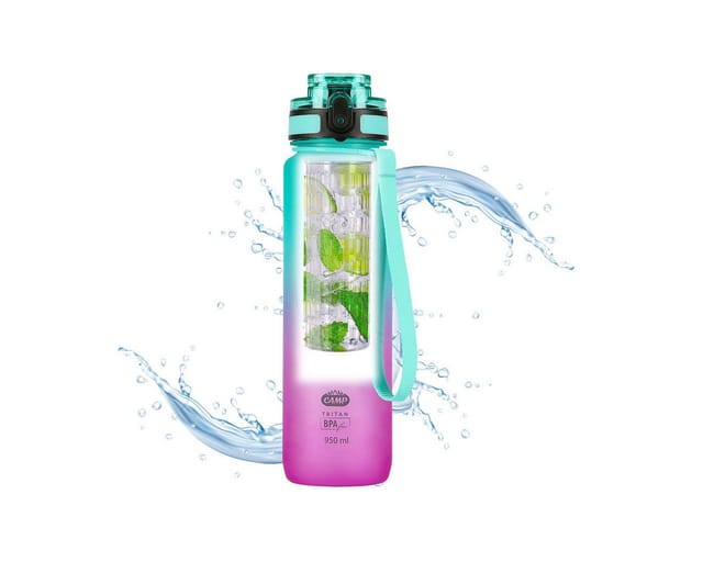 NILS CAMP Trinkflasche Tritan Sportflasche Wasserflasche Outdoorflasche 950ml Camping, ergonomische Form + innerer Behälter für Früchte