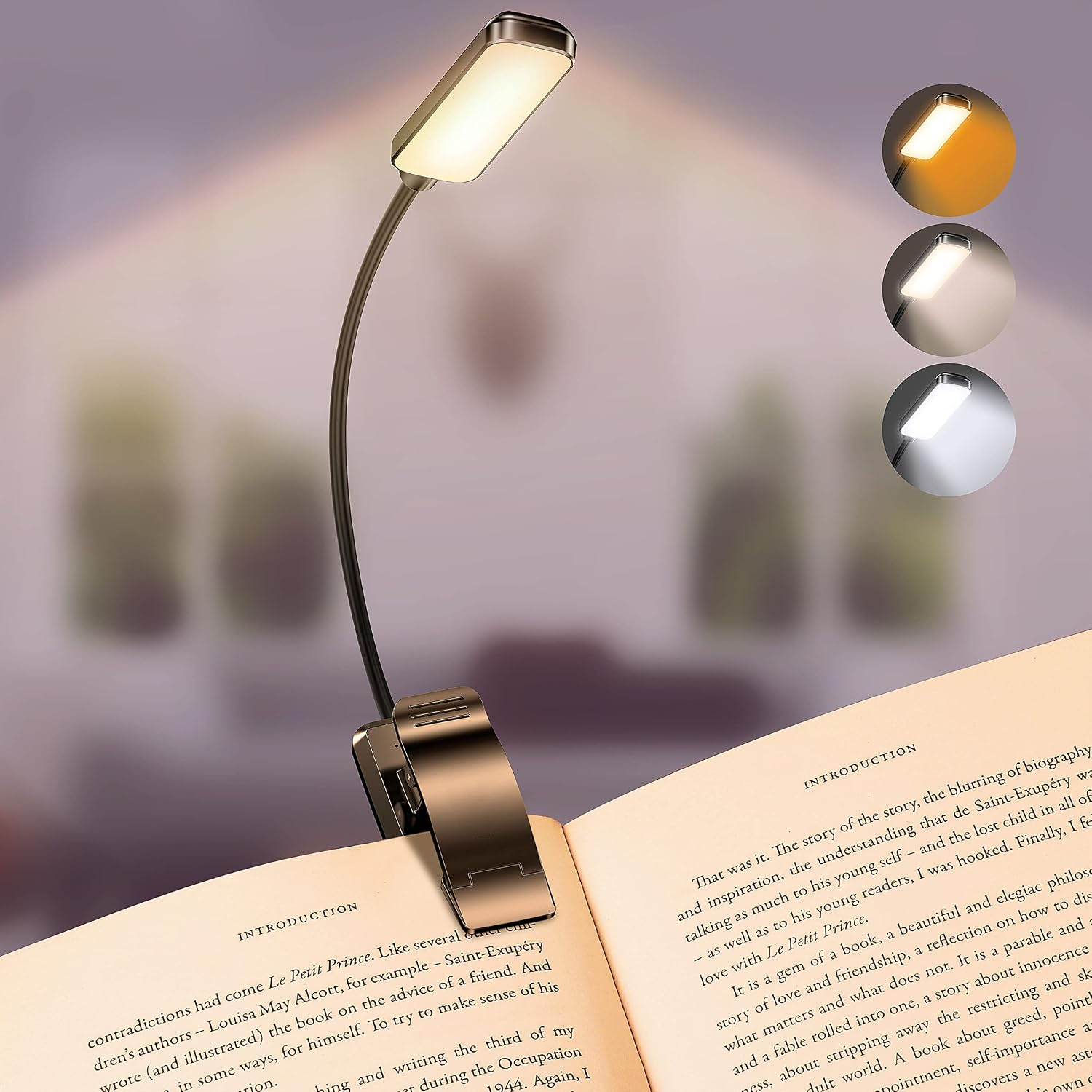 Lámpara De Lectura Recargable Con 9 Led, 3 Modos De Cuidado Ocular: Ajuste Continuo De Intensidad, Rotación Flexible De 360° Y Clip.