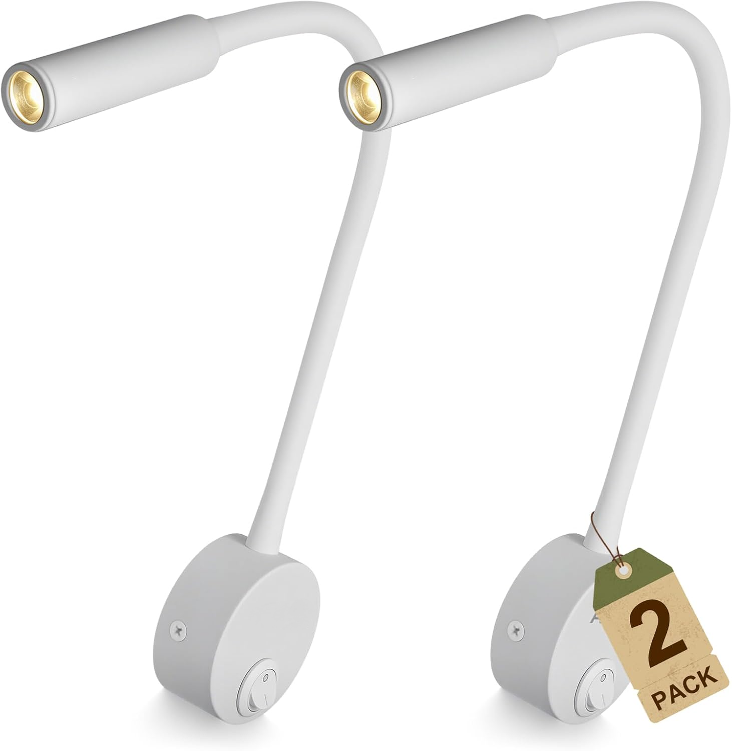 Dos Lámparas De Pared Blancas, Luces Nocturnas De Lectura, Luz Blanca Cálida De 3 Vatios, Con Interruptores De Botón.