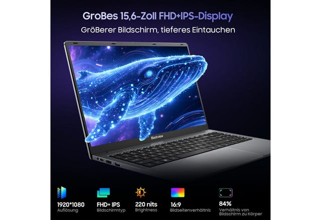 blackview 15,6" Laptop, AMD Ryzen 5 3500U 16GB RAM 512GB SSD, Windows 11 Notebook (Radeon Ryzen5 3500U AMD Ryzen5 3500U, 16 GB, 512 GB SSD, 180° Drehung/Low Blue Light-Zertifizierung/Deutsche Tastaturaufkleber)