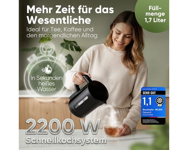 CLATRONIC Wasserkocher WK 3835, Wasserkocher 1,7L, 2200W, Einhandbedienung