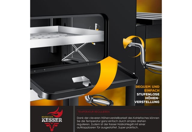 KESSER Holzkohlegrill Grillwagen BBQ Smoker XL Holzkohlegrill mit Deckel, Rädern, Edelstahl-Griff, Thermometer, Grillrost, Standgrill, Kohlegrillwagen