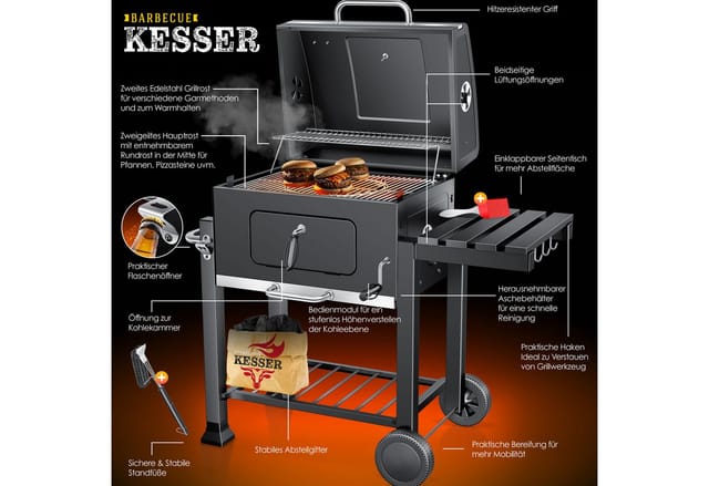 KESSER Holzkohlegrill Grill Grillwagen BBQ Smoker XL Holzkohlegrill mit Deckel, Rädern, Edelstahl-Griff, Grillrost und Thermometer Standgrill Kohlegrillwagen