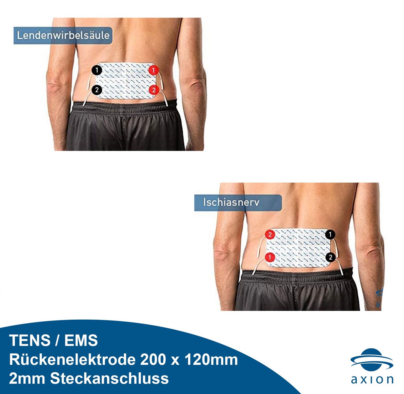 Axion Elektrodenpads passend zu Prorelax, Promed, axion - Rückenelektrode 20x12cm, 1 St.,selbstklebende TENS EMS Elektroden, 2mm Steckanschluss