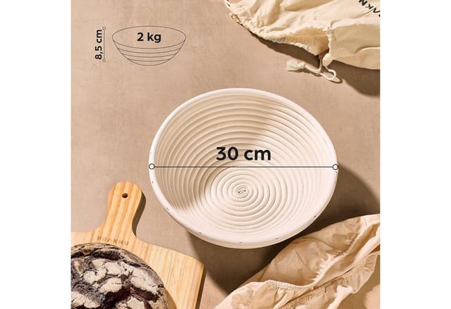 Praknu Gärkorb Gärkorb zum Brotbacken - Aus nachhaltigem Rattan - Rund - 30cm - Set, Aus nachhaltigem Rattan - Geruchsneutral - Mit Backutensilien