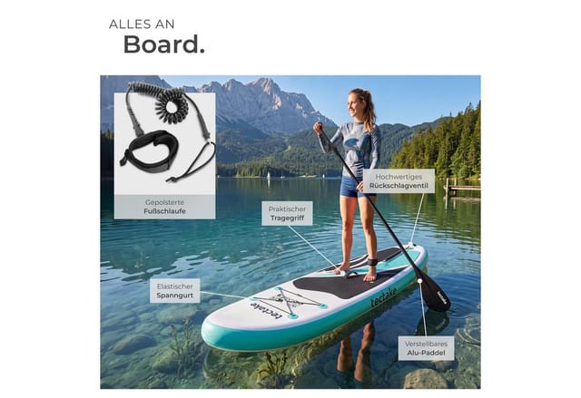 tectake SUP-Board Stand-Up Paddle Board 2in1, Belastbarkeit 200 kg, 288 x 77 x 22,5 cm, Stand-up Paddle, (Komplettset mit Rucksack, weiß/türkis), aufblasbar, stabil, leicht und rutschfest