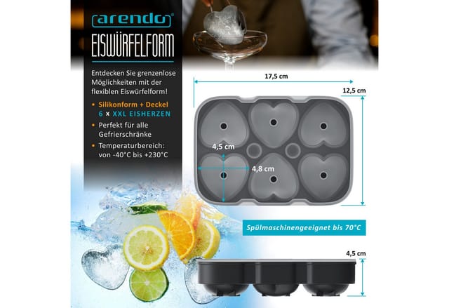 Arendo Eiswürfelform 6x Herzform sechsfach, temperaturbeständig, bis -40°C, (1-tlg), leicht zu lösen, für Cocktails, Obstsaft, Whisky