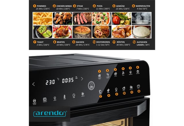 Arendo Minibackofen Airfryer 25L Edelstahl Multifunktionsofen, XXL Heißluftfritteuse 1800W, mini Backofen mit Backpapier, Backblech, Dörrblech, Rost, Frittierkorb