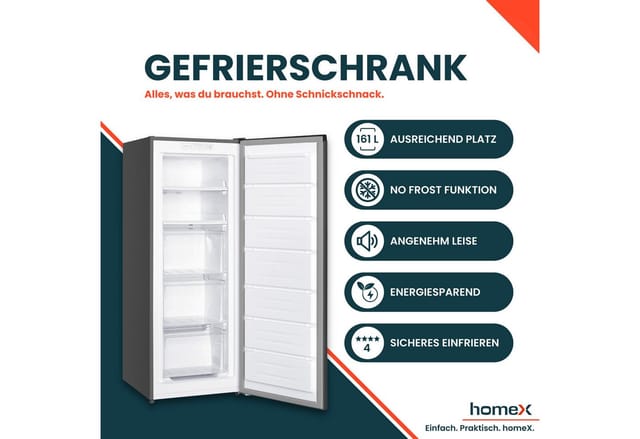 homeX Gefrierschrank FSN1611E-S, 143 cm hoch, 54 cm breit, No Frost, 161 Liter, Tiefkühlschrank groß, Freezer, 4-Sterne Gefrieren