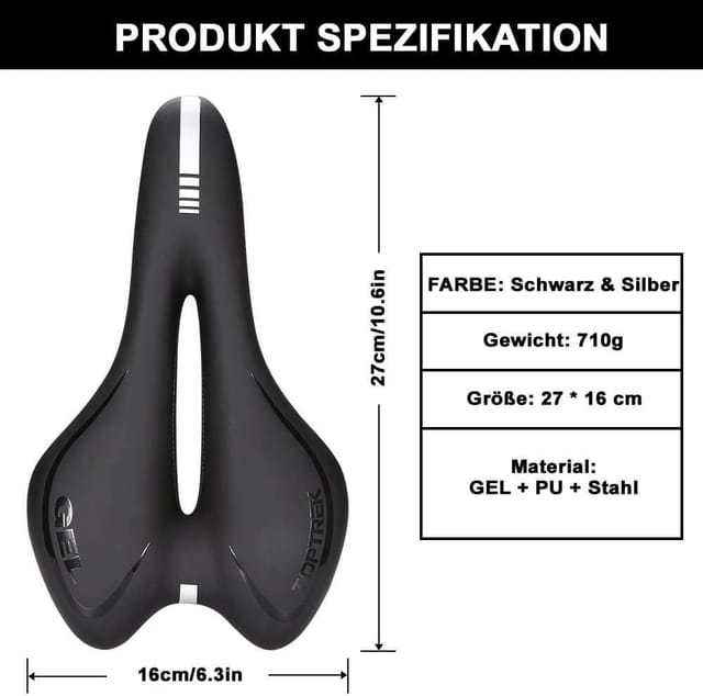 toptrek Fahrradsattel Gel Fahrradsattel ergonomisch wasserdicht MTB Rennrad Komfort Sitz (Fahrradzubehör-Set mit Gel-Sattel, Regenschutz und Sattelstreben, universal, Gel-Sattel, abnehmbarer Sattelstreben, Regenschutz), Ergonomisch geformt, atmungsaktiv, reflektierendes Heckband