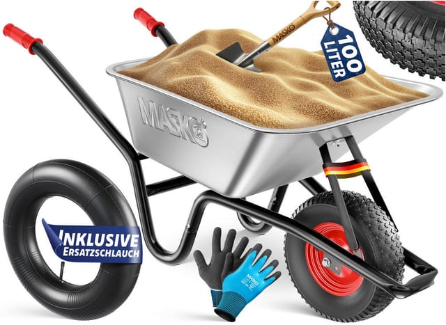 MASKO Schubkarre Bau- und Gartenschubkarre 100 Liter, mit Luftreifen und Stahlfelgen sowie einen Ersatzschlauch