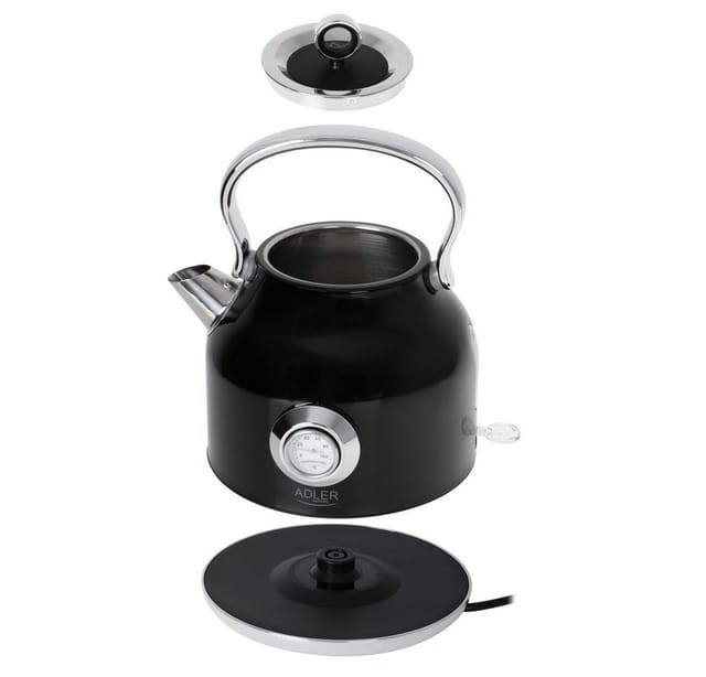 Adler Wasserkocher AD 1346, 2200 W, mit Thermometer, Retro, elektrisch, Teekessel, Edelstahl, schwarz