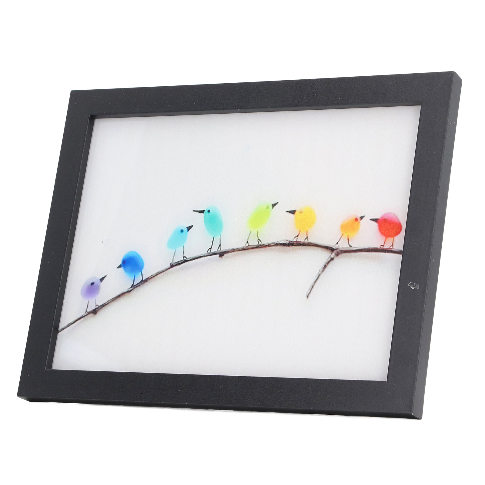 Wanddeko „regenbogenvögel Aus Treibglas“, Bunte Vogelkunst Aus Treibglas, Fotorahmen Aus Treibglas Mit Holzrahmen